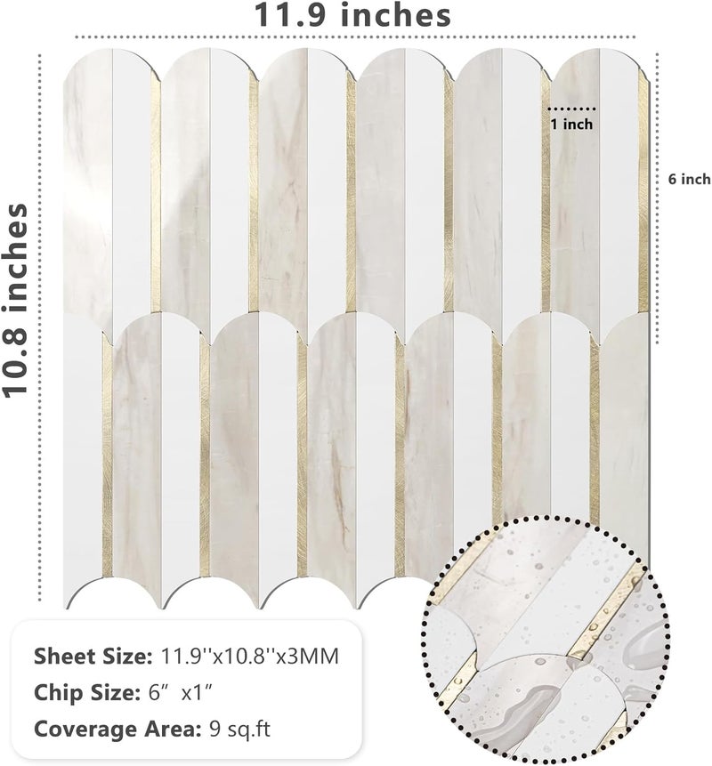 Vamos Tile Peel and Stick Backsplash Seamless Tile for Kitchen and Bathroom,1-Sheet White and Glossy Wooden Marble PVC Mixed Light Gold Self Adhesive Fish Scale Metal Mosaic Tiles - Image 2